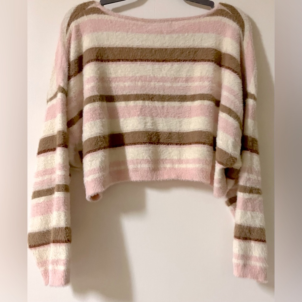 Charlie Holiday Sweater - Pink & Brown Striped Fuzzy Cropped Sweater Size Small